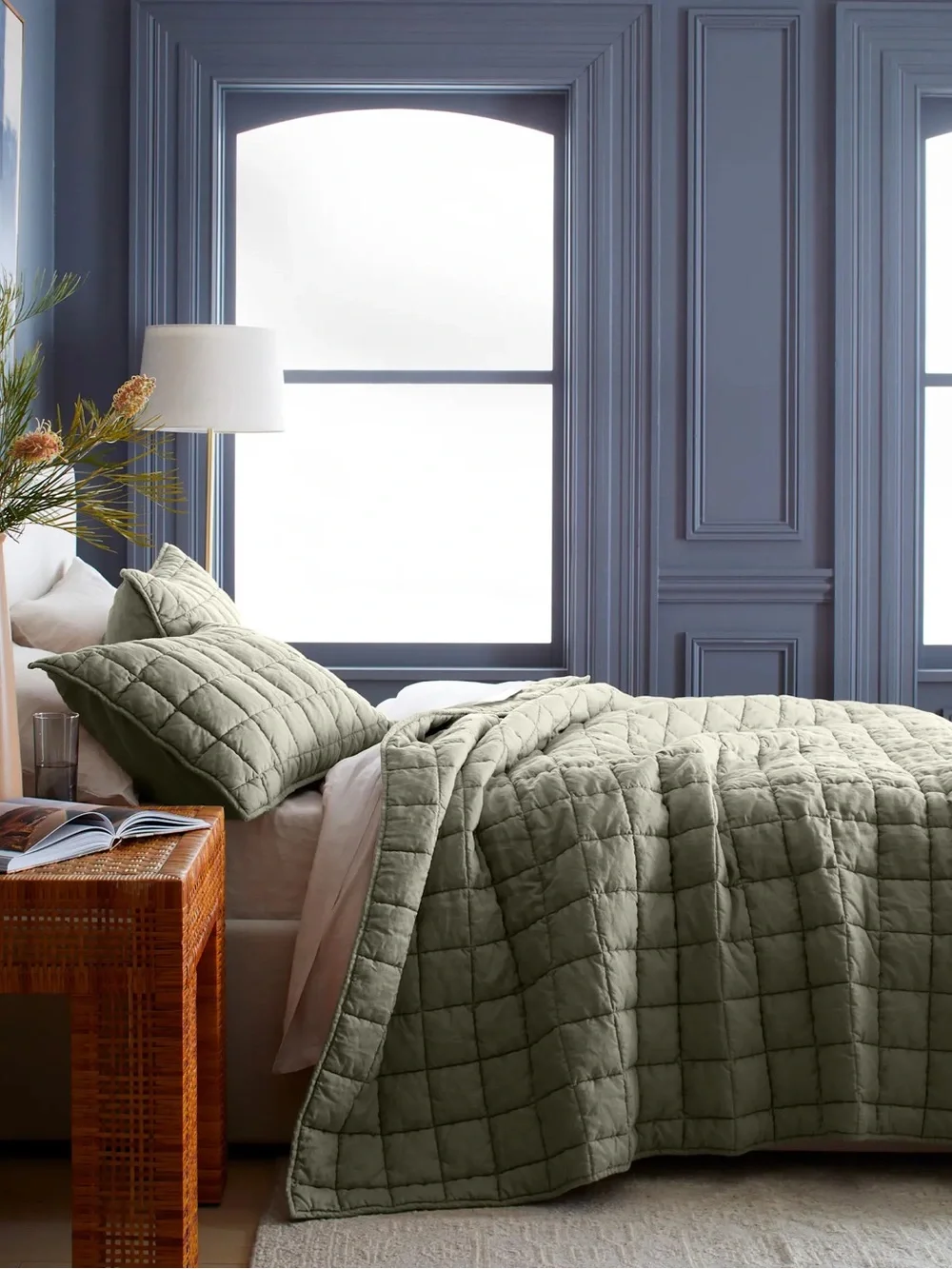 NEW Quince QUEEN Willowleaf European Linen Box Quilt Set w/ Shams $234